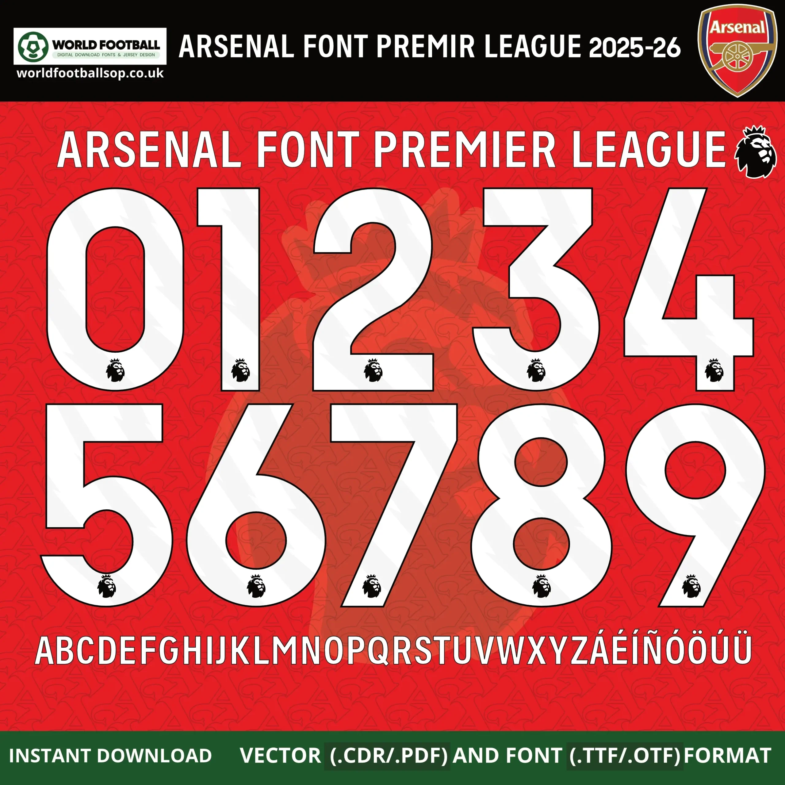 Arsenal Font 2025/26 | Premier League Home Kit | TTF, OTF & Vector (CDR, PDF)