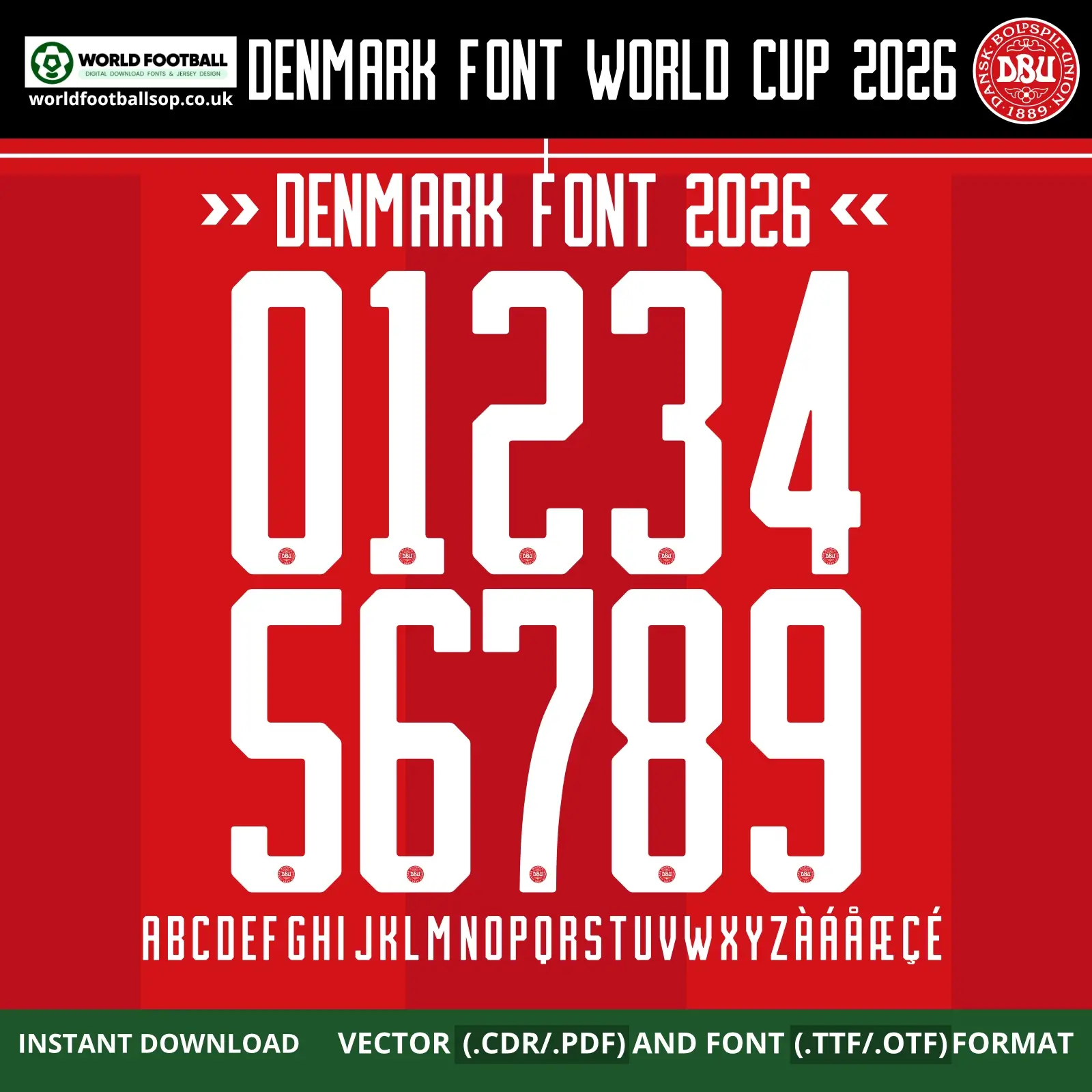 Denmark Font World Cup 2026 Home Kit | TTF, OTF & Vector (CDR, PDF)
