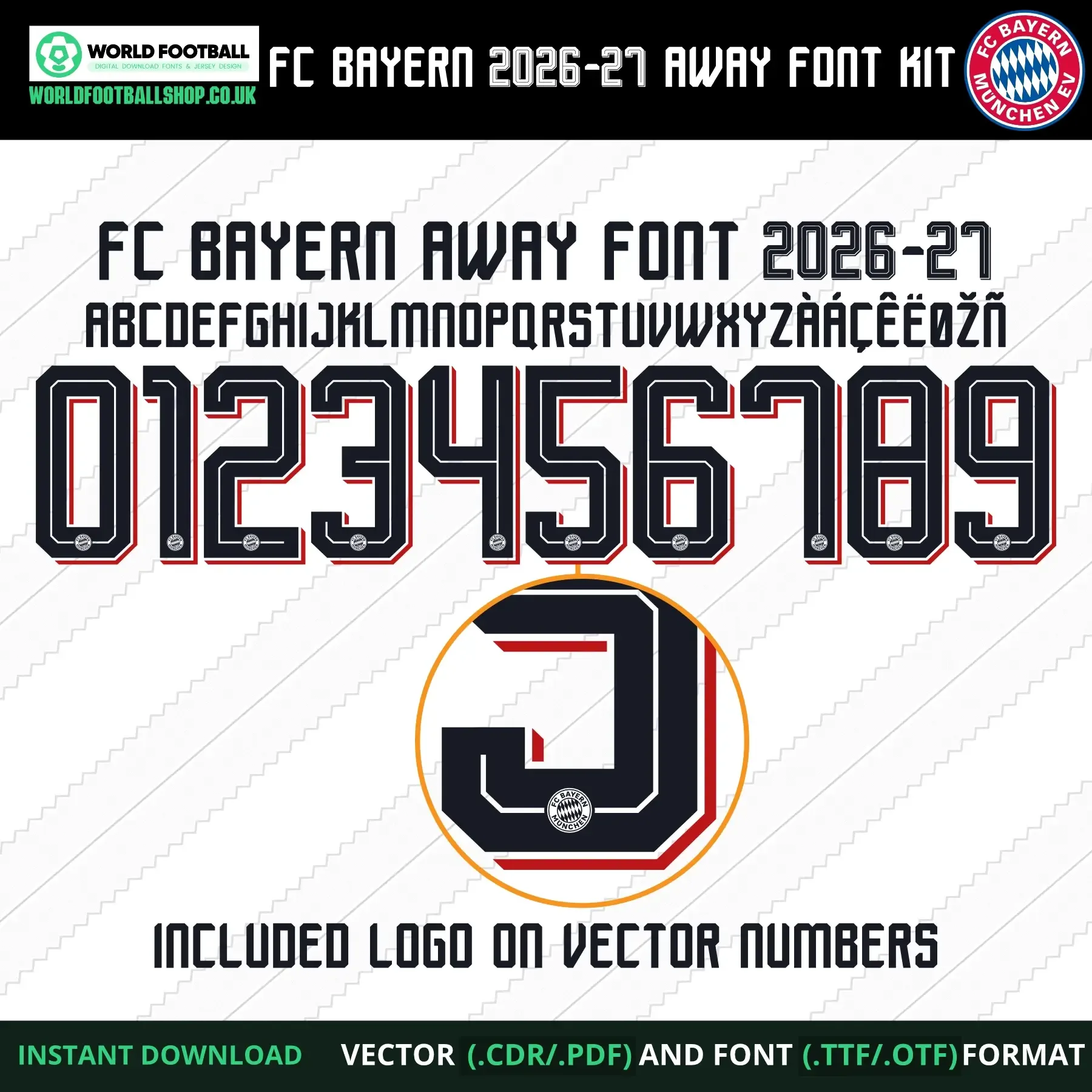 FC Bayern football font vector away - full alphabet, numbers 0–9 and zoomed crest logo detail on letter 5