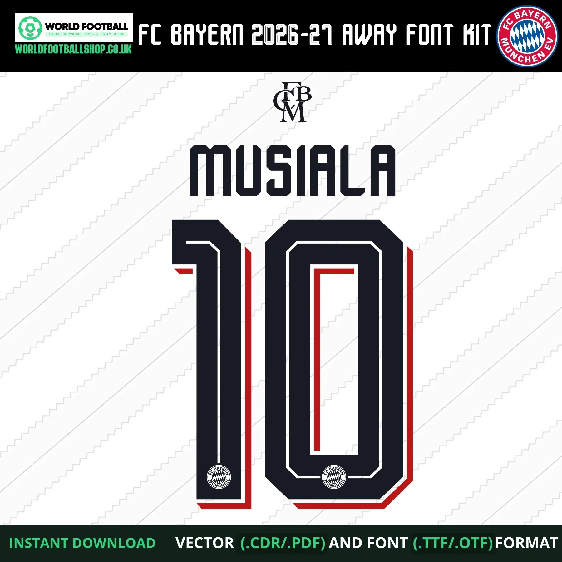 FC Bayern football font vector away - Musiala 10 player name and number example on white background