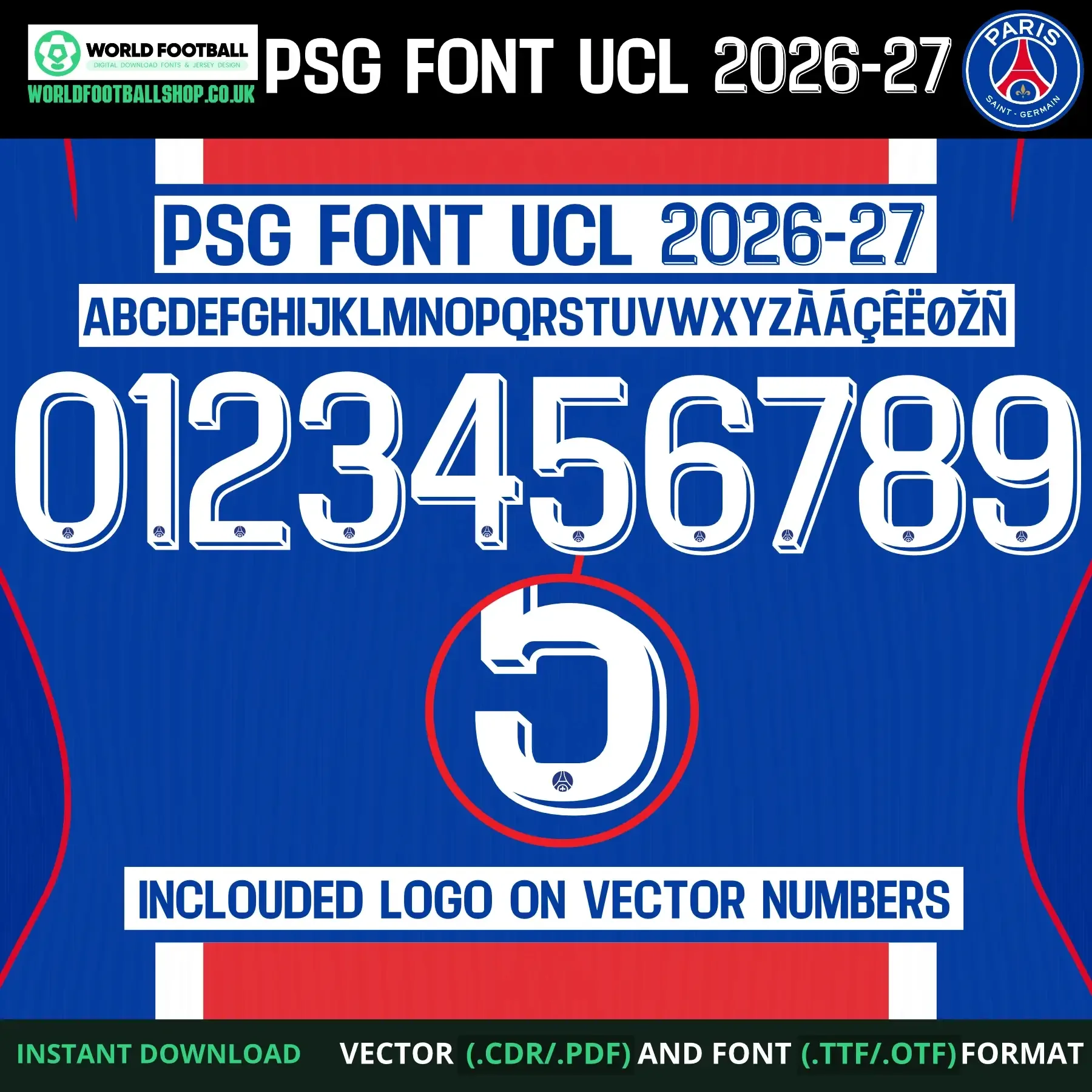 PSG Font UCL 2026-27 - full alphabet, numbers 0–9 and zoomed crest logo detail on number 5